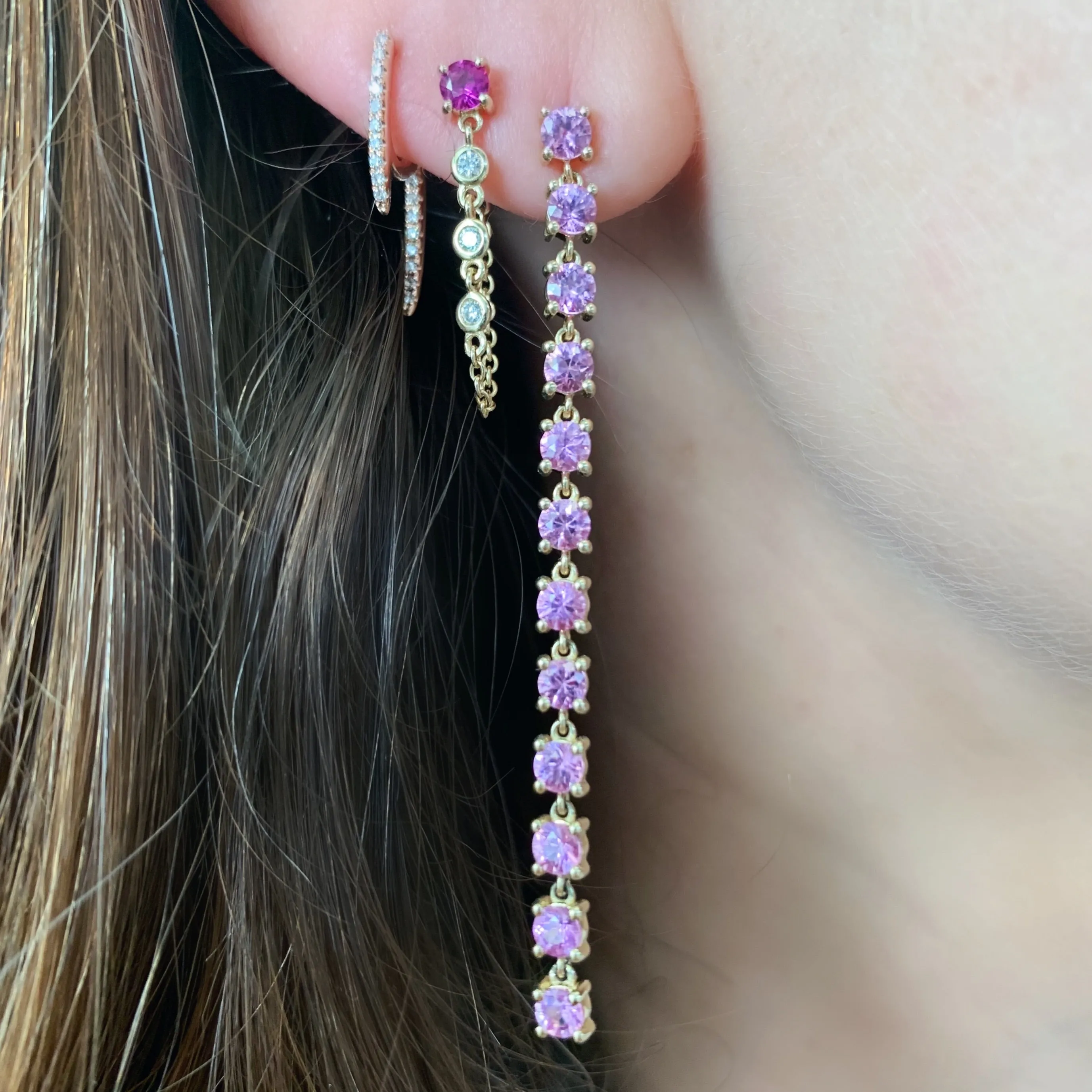 Single Semi-Precious Stone Stud with Diamond Chain Wrap Earrings