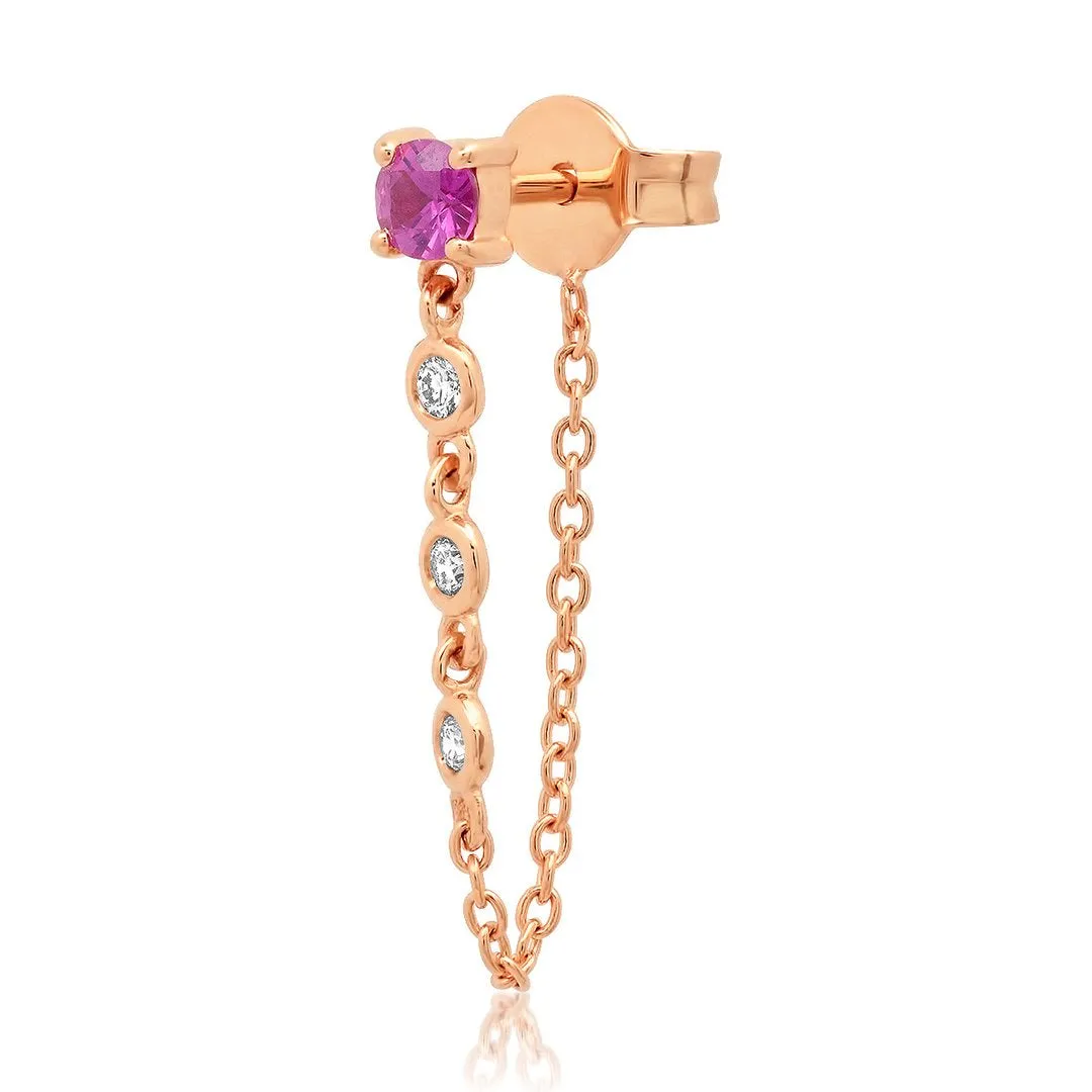 Single Semi-Precious Stone Stud with Diamond Chain Wrap Earrings