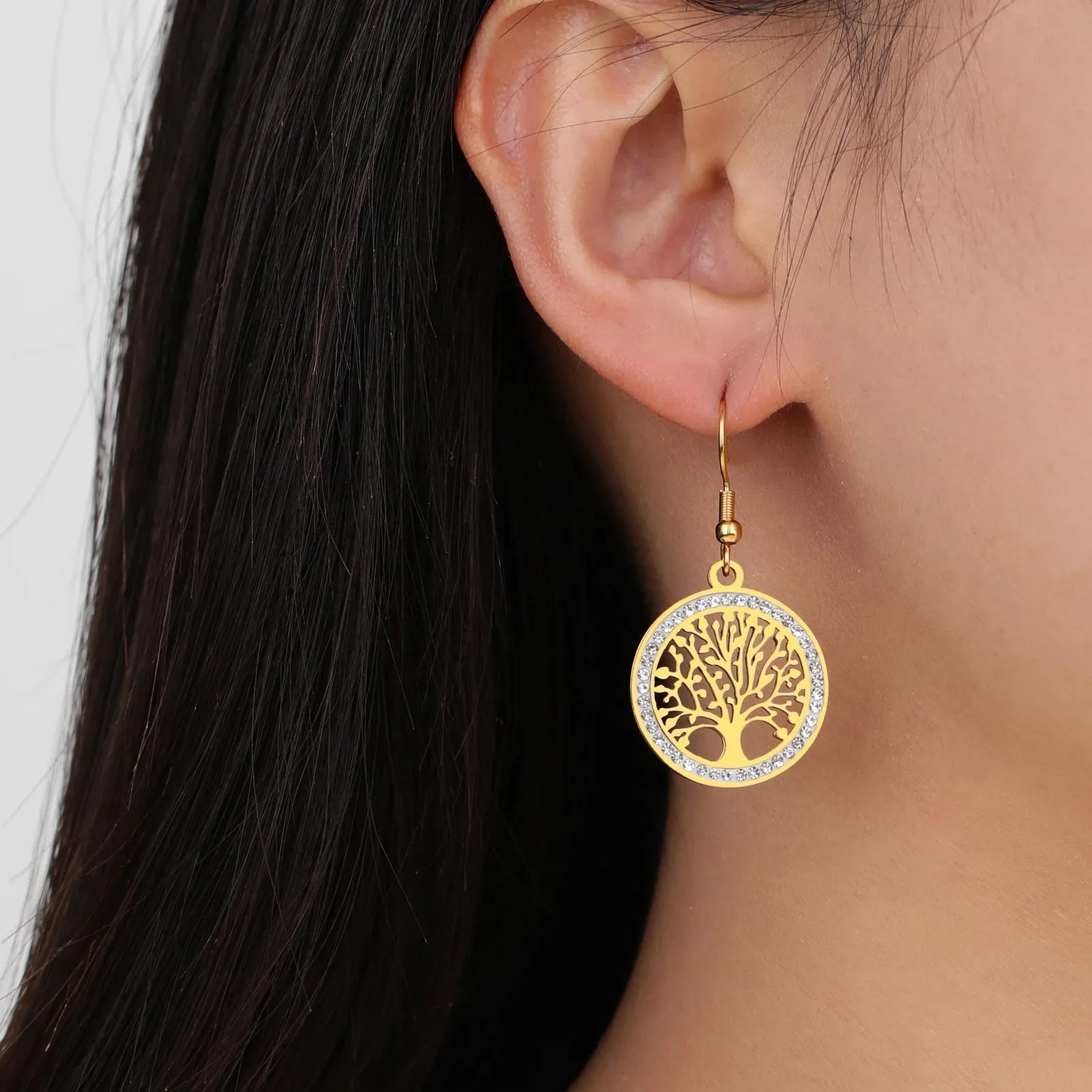 Skyrim Tree of Life Clear Zircon Round Pendant Earrings Stainless Steel Gold Color Dangle Earring Amulet Jewelry Wedding Gift