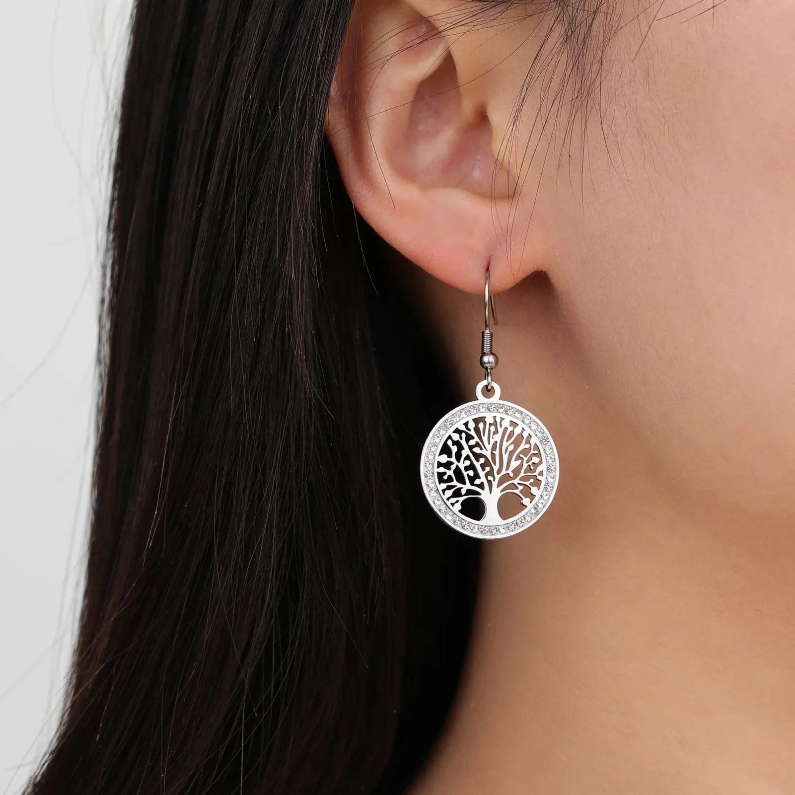 Skyrim Tree of Life Clear Zircon Round Pendant Earrings Stainless Steel Gold Color Dangle Earring Amulet Jewelry Wedding Gift