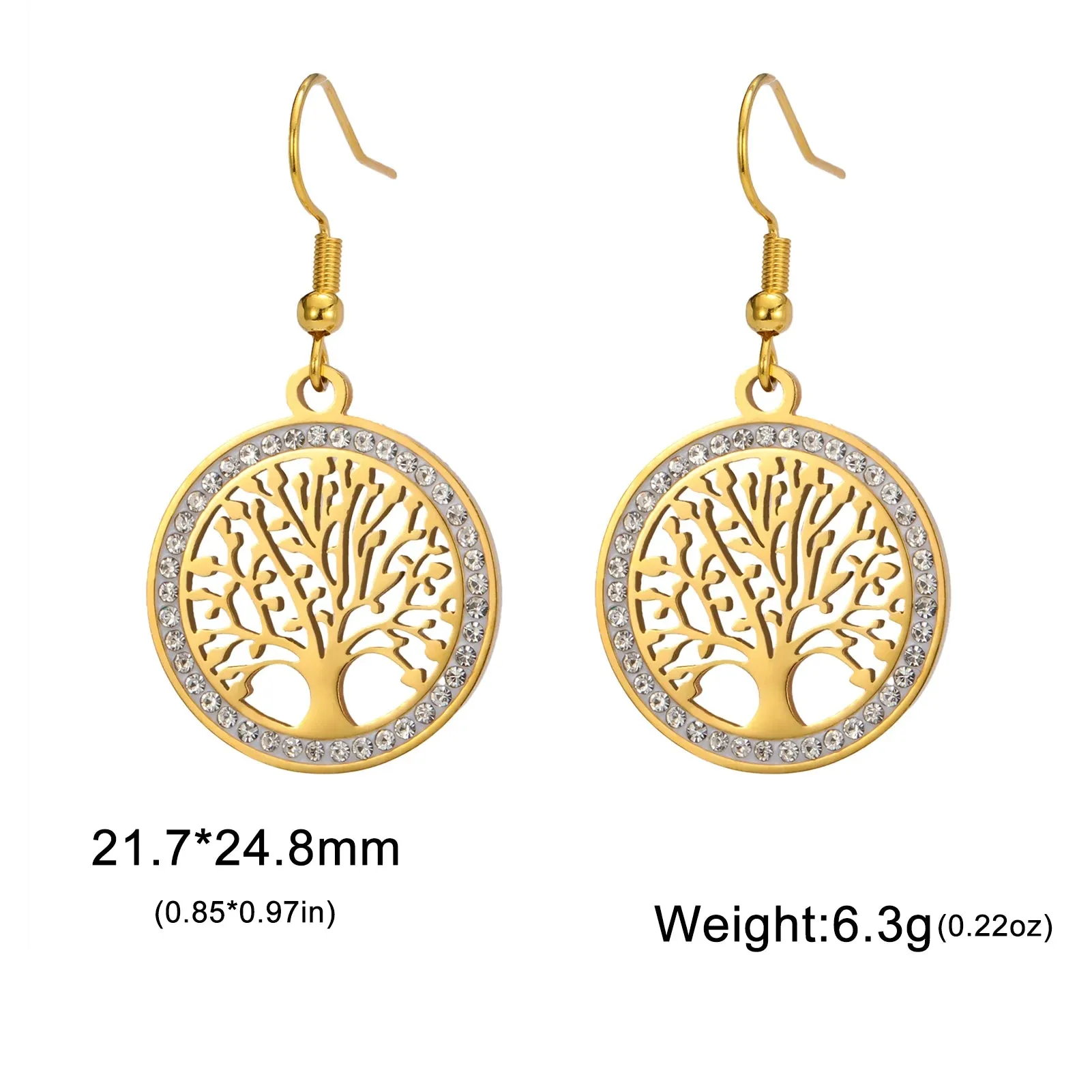 Skyrim Tree of Life Clear Zircon Round Pendant Earrings Stainless Steel Gold Color Dangle Earring Amulet Jewelry Wedding Gift