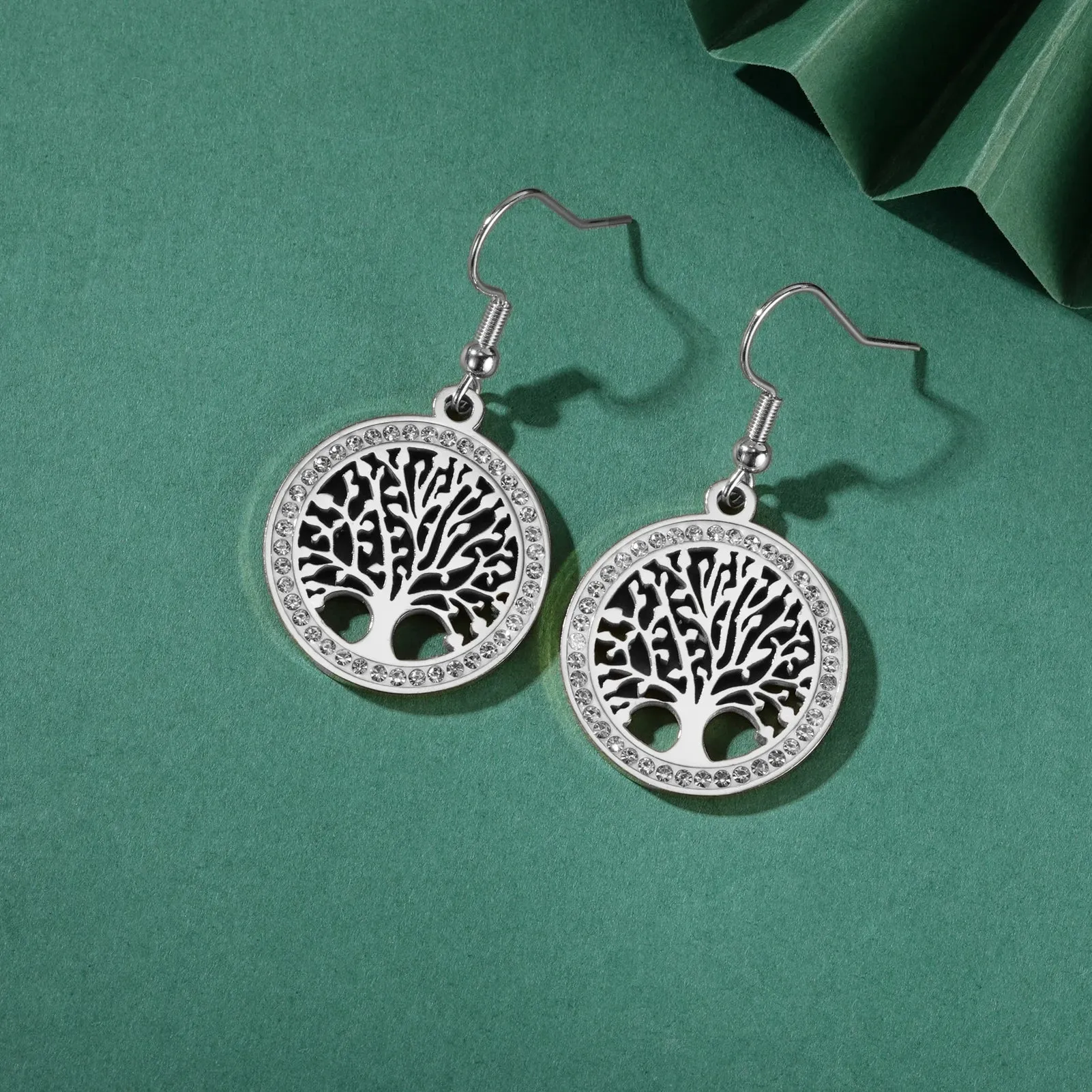 Skyrim Tree of Life Clear Zircon Round Pendant Earrings Stainless Steel Gold Color Dangle Earring Amulet Jewelry Wedding Gift