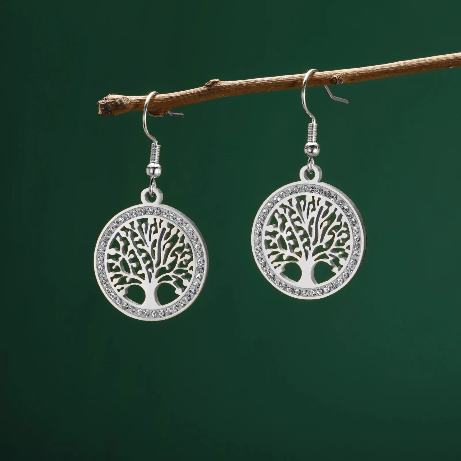 Skyrim Tree of Life Clear Zircon Round Pendant Earrings Stainless Steel Gold Color Dangle Earring Amulet Jewelry Wedding Gift