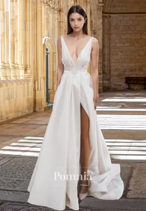 Spaghetti Straps A-Line V-Neck Pleated Side Slit Backless Satin Wedding Dress