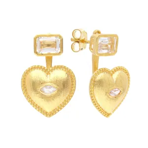 Vermeil Gold Heart Jacket Earrings with Clear Marquise